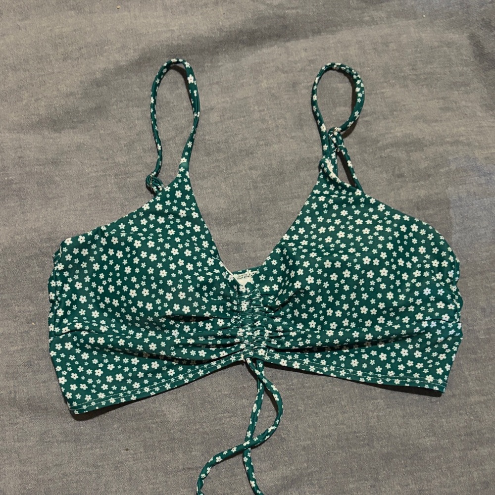 Green Floral Ruched Bikini Top